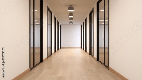 Modern office corridor with glass walls and wooden floor, illuminated by stylish pendant lights, creating a spacious atmosphere.