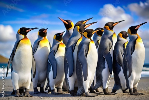 A group of penguins standing on a beach