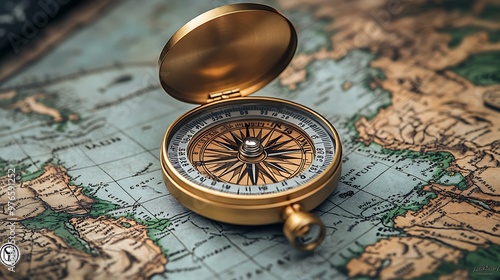 A classic compass with an open lid is lying on a vintage world map.