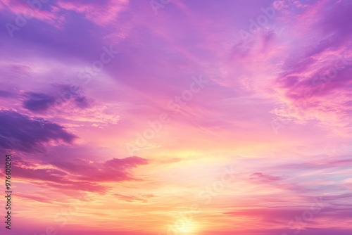 sunset cloudscape Panoramic with rich purple and pink tones blending into orange at horizon, tranquil evening sky view, natural dusk setting, soft wispy cloud formation, twilight backdrop, ai