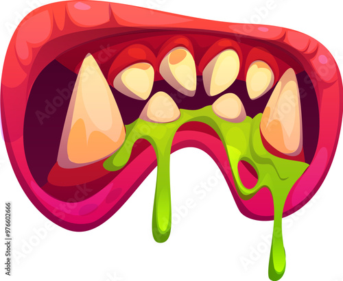 Halloween monster mouth with drool jaws and saliva tongue for horror holiday, cartoon vector. Werewolf or zombie monster beast mouth with vampire ogre fang teeth and green saliva for horror night