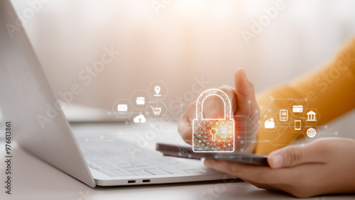 Cybersecurity technology. Cyber security and data protection on the internet. Person touching virtual shield, secure access, encrypted connection. Password protected system and storage.