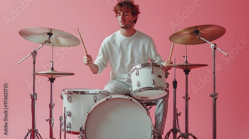 A Young Musician Enthusiastically Playing His Drum Set Against a Vibrant Pink Backdrop. Man and Music Concept