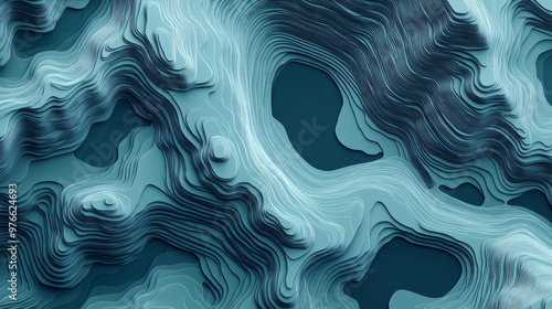 3D sea and ocean depth topographic map banner background. Curved, wavy lines in a vector illustration. Depicts hills, rivers, and mountains. Geography concept.