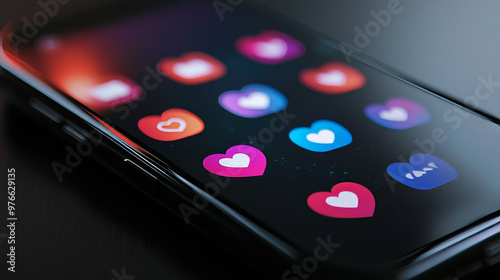 A low poly 3D illustration featuring a smartphone screen displaying icons for likes, followers, and comments. The design uses dark blue tones and incorporates lines, dots, and particles to convey.