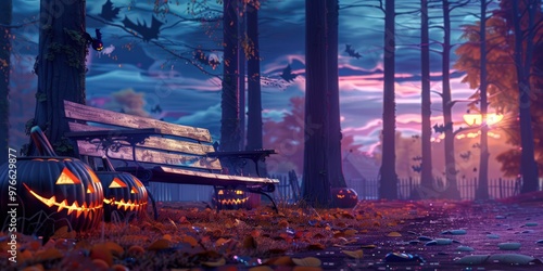 Creepy Halloween night, spooky forest sunset with glowing ultramarine eyes of Jack O' Lanterns near a wooden bench. Empty space for text.