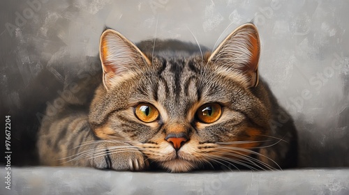 Portraits of a British Shorthair Tabby cat, showcasing its distinctive features such as its round face, plush fur, and striking tabby markings. 