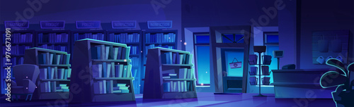 Night bookstore interior with books on wooden shelves. Vector cartoon illustration of dark room with literature on shelves, postcard rack, yellow armchair, cash register on counter, souvenirs on wall