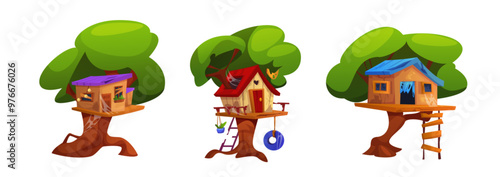 Kid treehouse cartoon. Wooden tree house vector. Forest hut with ladder, rope and swing for children cute illustration set. Small cabin for kindergarten playground on summer rural backyard design