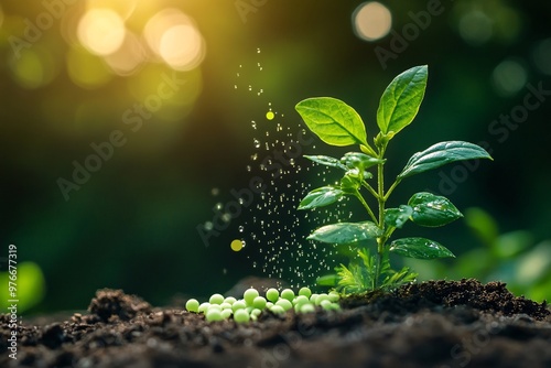 An illustration depicts tiny homeopathic pills evolving into a green plant, symbolizing the natural growth and healing associated