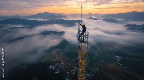 Brave Technician working on Telecommunication Tower in Remote Mountain Village Aerial View