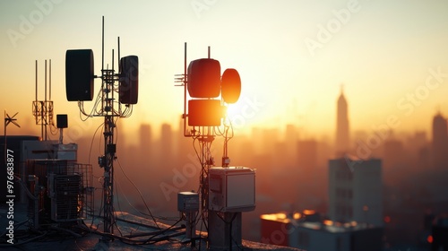 Urban Connectivity: Detailed Rooftop with Modern Antennas and Wireless Equipment Providing Decentralized Internet Services Amid Cityscape