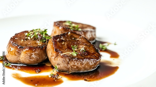 Three seared scallops with a brown sauce and a garnish of herbs.