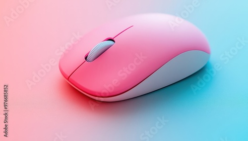 Pink wireless computer mouse on a gradient background.