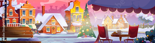 Old European city square on Christmas. Vector cartoon illustration of cozy winter town street with decorated X-mas tree, holiday wreath on door, garland lights in cafe, chimney smoke on snowy roofs