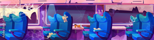 Abandoned train inside with damaged seats by broken window. Vector cartoon illustration of old passenger car, dirty metro compartment with dusty chairs, cobweb on walls, garbage on table, bad service