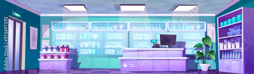 Pharmacy store interior with drugs in boxes and bottles on racks and shelves, cash register on counter, plant in pot. Cartoon vector healthcare and medical treatment product inside drugstore.