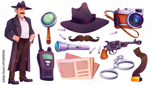 Detective character and spy equipment icon set. Gun with bullet, newspaper, magnifying glass and radio transmitter for reasoning private investigator in coat. Retro style element for crime game