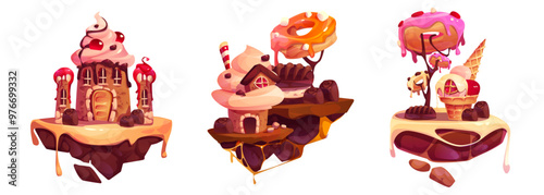 Candy land game ui design floating islands with castle, house and tree. Cartoon vector set of jump platforms with sweet dessert landscape. Cookies and cakes, chocolate and ice cream fantasy world.