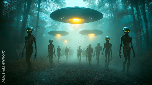 Extraterrestrial Beings Emerge from Foggy Forest Underneath Glowing UFOs