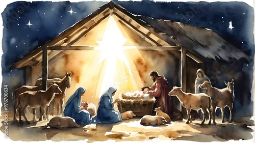 The Nativity Scene, Baby Jesus lying in a manger surrounded by Mary, Joseph, and various animals in a humble stable, with the Star of Bethlehem shining above, silhouettes watercolor.