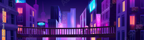 Night downtown street landscape with neon glow effect. Cartoon vector illustration of dark purple evening city scape with luminous billboards, signs and windows. Cyberpunk background with urban scene.