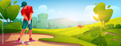 Man golfer swings club and tries to hit ball into hole on golf course landscape with green grass on lawn, sand areas and red flag. Cartoon vector summer day scene with sportsman playing outdoor sport.