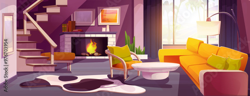 Cozy light living room interior. Cartoon home or hotel modern hall inside with yellow sofa and armchair, stairs to second floor and fireplace, table and floor lamp, pictures on wall and house plant.