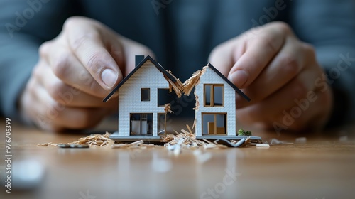 Hands splitting a model house into two, symbolizing divorce, separation, real estate division or property settlement with broken pieces.