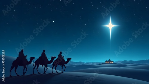 Wise Men Following the Star, Three wise men riding camels in the desert, following a bright star. Silhouette illustration.