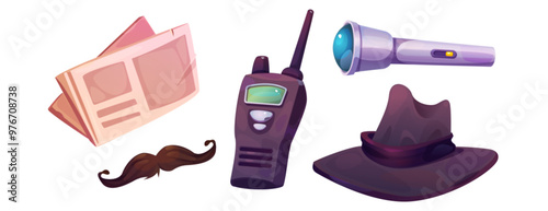 Police detective masking equipment set isolated on white background. Vector cartoon illustration of fake moustache, retro hat and newspaper for secret spying, walkie-talkie radio and flashlight