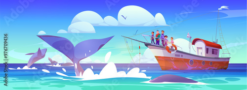 Men and teen kids standing on sail boat in sea or ocean and watching whales in water. Cartoon vector seascape with wild marine animals jumping and swimming near ship with people. Travel with excursion