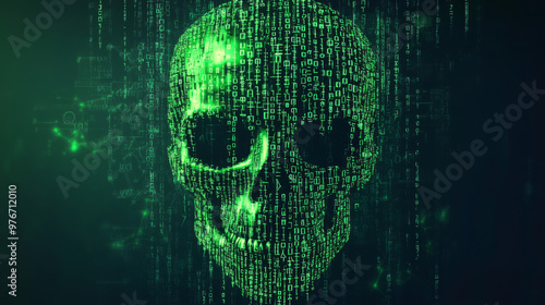 Vector illustration of a skull made from green binary code. Represents internet piracy, hacking, and security concerns. Features malware, virus, ransomware, and system glitches, abstractly visualizing