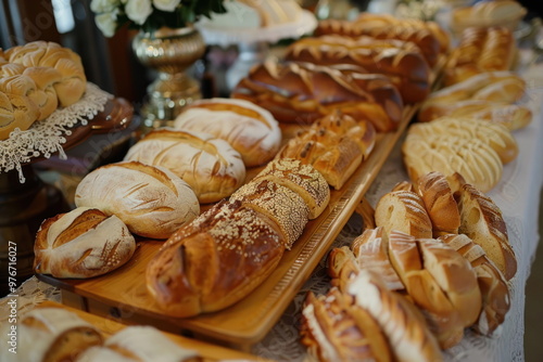 many bread on long table, Celebration, luxury food