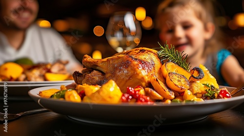 Roasted chicken with vegetables served on a plate, with family enjoying a meal together in a cozy, warmly lit dining setting.