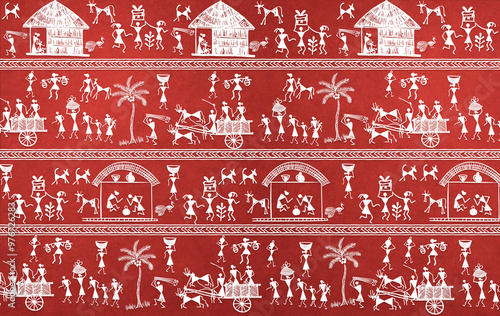 3D Illustration of Indian Tribal Painting or Warli Art design , interior decor wallpaper.