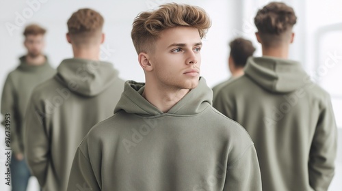 The Individualist: A young man in a green hoodie stands out from the crowd, his contemplative gaze hinting at a unique path. 