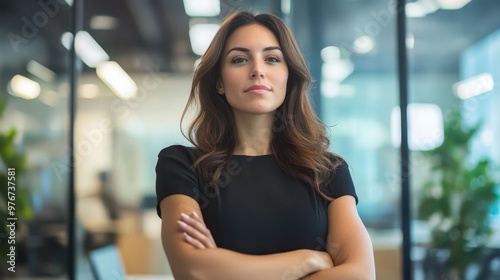 Confident Businesswoman Standing with Arms Crossed in Modern Office