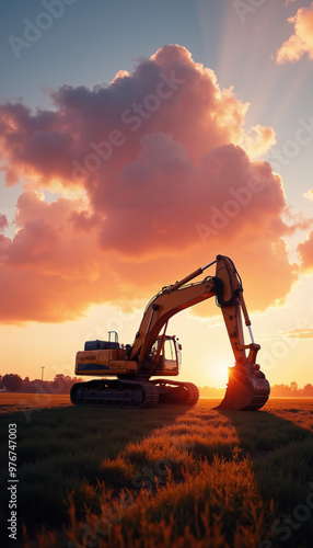 Construction Excavator Lifting Cloud-Like Dust – Surreal Machinery, Industry, and Nature Landscape Photography