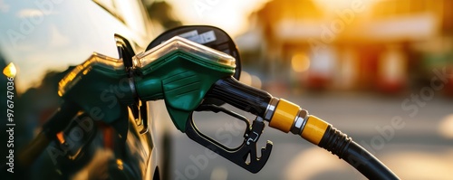 A close-up of a fuel nozzle at a gas station, capturing the essence of refueling and the warmth of the sunset in the background.