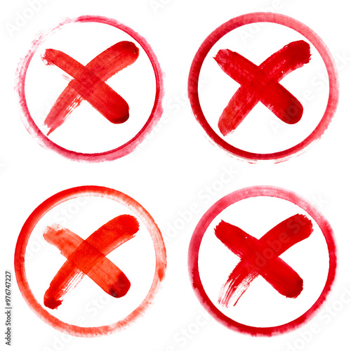 Bold hand painted red X cross mark inside a circle rough brush strokes transparent background, disapproval, choice, mistake, error, cancel incorrect symbol.