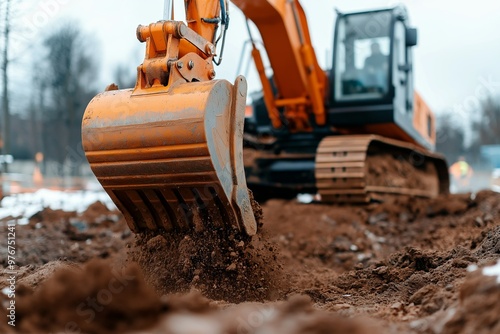 A crawler excavator is working on a construction site. Construction equipment. Digging trenches and ditches by machine