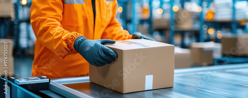 A worker in an orange jacket carefully places package on conveyor belt in busy distribution center, ensuring quality control. environment is bustling with activity