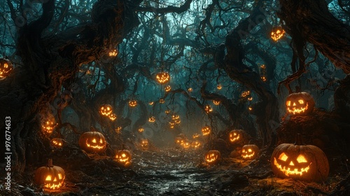 A haunted forest with twisted trees and glowing jack-o'-lanterns hanging from branches