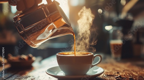 157. Close-up of a barista hand pouring freshly brewed coffee from a moka pot into a cup, with steam rising and a rustic wooden table in the background