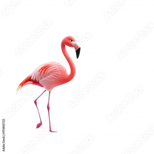 A single flamingo standing calm against a white background.