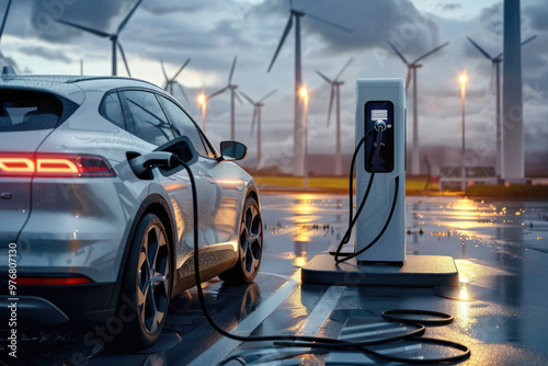 The small car is charging, the wind turbine in the distance