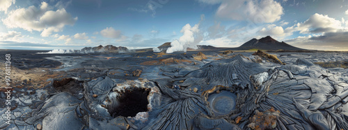 A surreal volcanic landscape, with rugged lava fields stretching to the horizon, dotted with steaming vents and bubbling hot springs