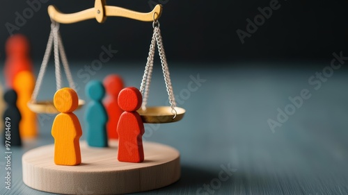 A scale balancing diverse human figures, representing equality and justice in policy decisions, vibrant colors symbolizing fairness, justice, equality, policy, concept of balance