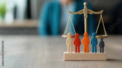 A scale balancing diverse human figures, representing equality and justice in policy decisions, vibrant colors symbolizing fairness, justice, equality, policy, concept of balance